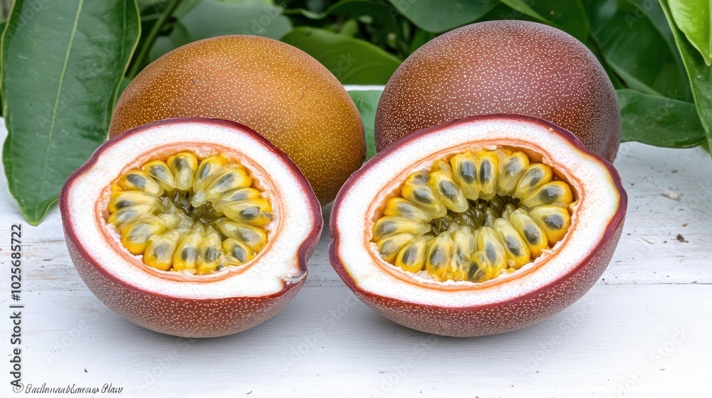 Fresh Passion Fruits Cut Open on White Surface Fresh Passion Fruits Cut Open on White Surface