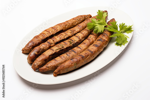 A perfectly grilled seekh kabab, glistening with oil and herbs, with smoke slightly rising, placed on a clean white background.