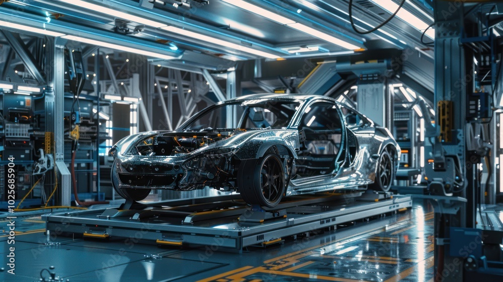 A Futuristic Car Undergoing Assembly in a High-Tech Factory A Futuristic Car Undergoing Assembly in a High-Tech Factory