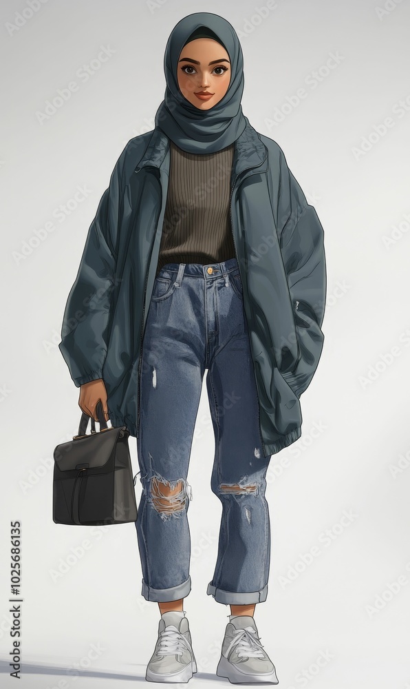 Woman in hijab wearing jeans, jacket, and sneakers. Woman in hijab wearing jeans, jacket, and sneakers.