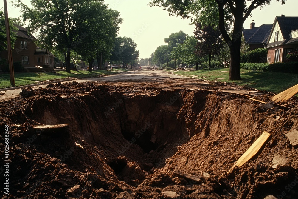 Fototapeta premium Construction site revealing deep excavation on urban street