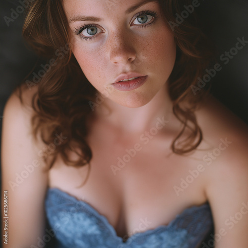 Analog photo, close-up, 25 year old caucasian woman with wavy brown hair and wearing a blue Harmony Strapless Jacquard Gown, focus on her eyes 