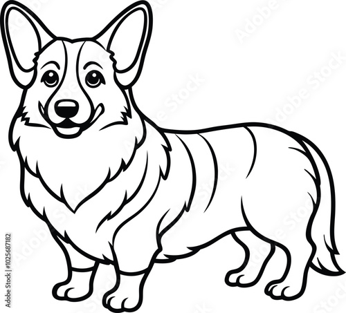 Pembroke Welsh Corgi dog breed vector black line illustration isolated on a white background.