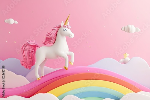 A White Unicorn with Pink Mane Running on a Rainbow with Clouds and Stars