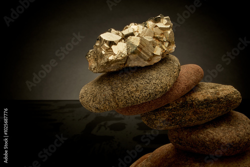 Pyrite crystal balancing on a cairn of river rocks photo