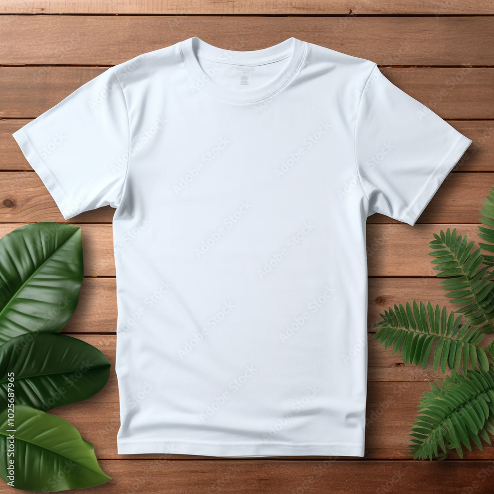 White T-Shirt Mockup with Sunglasses and Green Leaves Background White T-Shirt Mockup with Sunglasses and Green Leaves Background