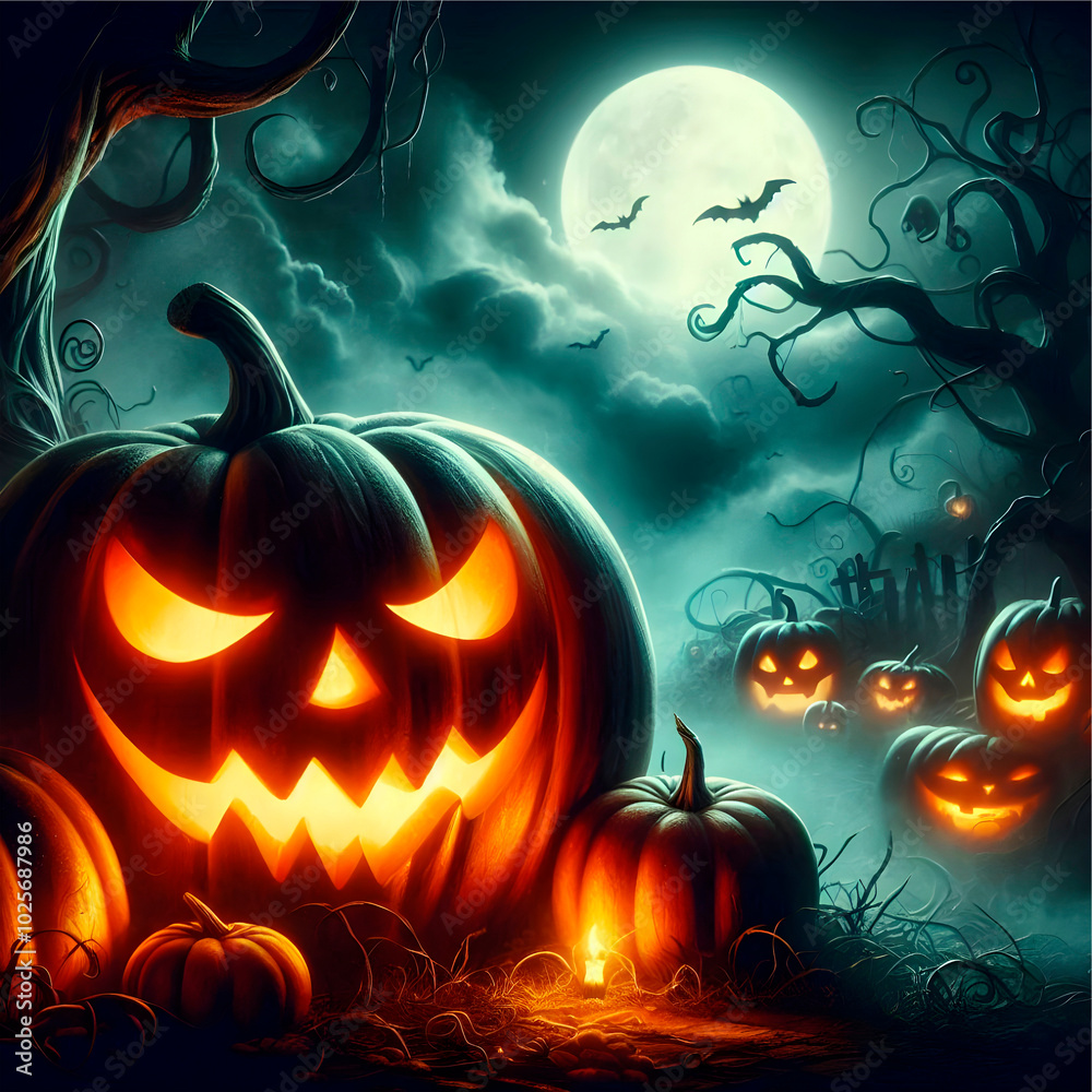 Spooky Halloween scene with a glowing pumpkin in a dark field, surrounded by other pumpkins and a full moon in the sky. Ideal for horror themes and Halloween decorations. Spooky Halloween scene with a glowing pumpkin in a dark field, surrounded by other pumpkins and a full moon in the sky. Ideal for horror themes and Halloween decorations.