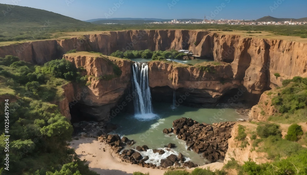 Stunning waterfall cascading into a rocky pool surrounded by lush greenery and cliffs Stunning waterfall cascading into a rocky pool surrounded by lush greenery and cliffs