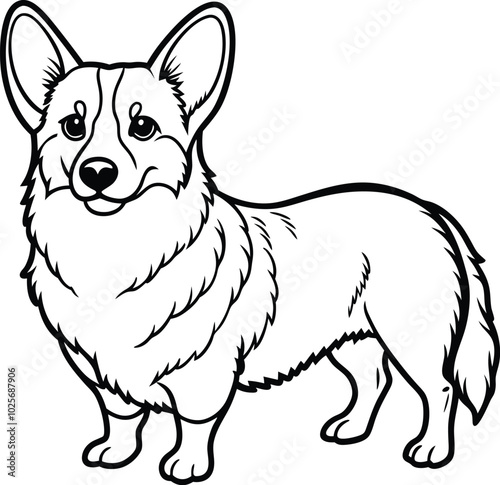 Pembroke Welsh Corgi dog breed vector black line illustration isolated on a white background.