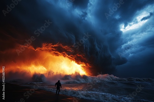 Dramatic seascape with stormy skies and fiery waves photo