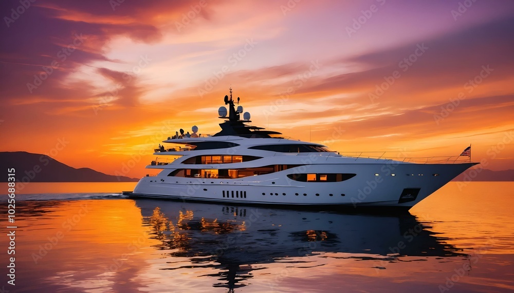 Luxury yacht sailing on calm waters during a vibrant sunset with colorful sky reflections Luxury yacht sailing on calm waters during a vibrant sunset with colorful sky reflections