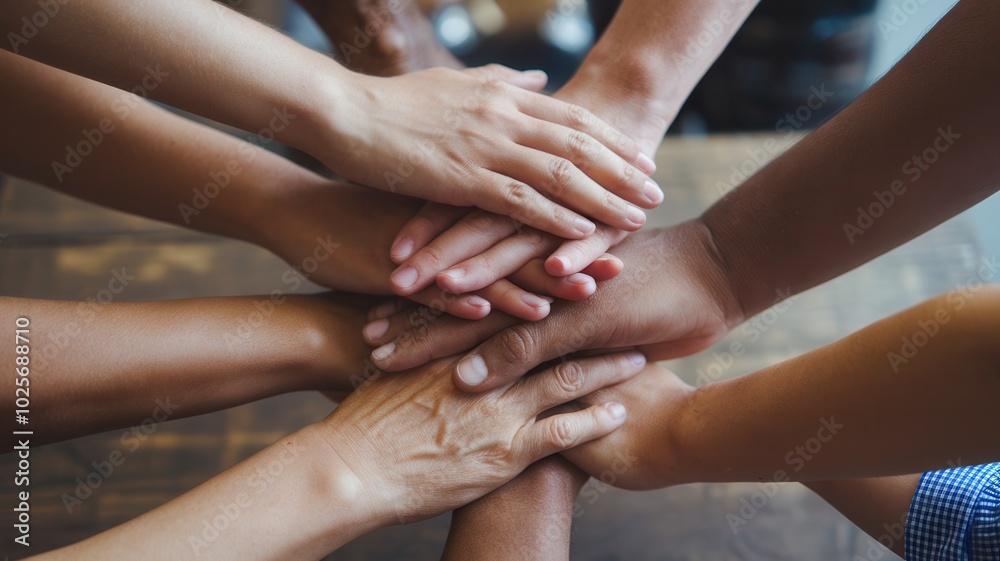 Diverse hands stacked together on a wooden table, symbolizing unity and teamwork. Diverse hands stacked together on a wooden table, symbolizing unity and teamwork.