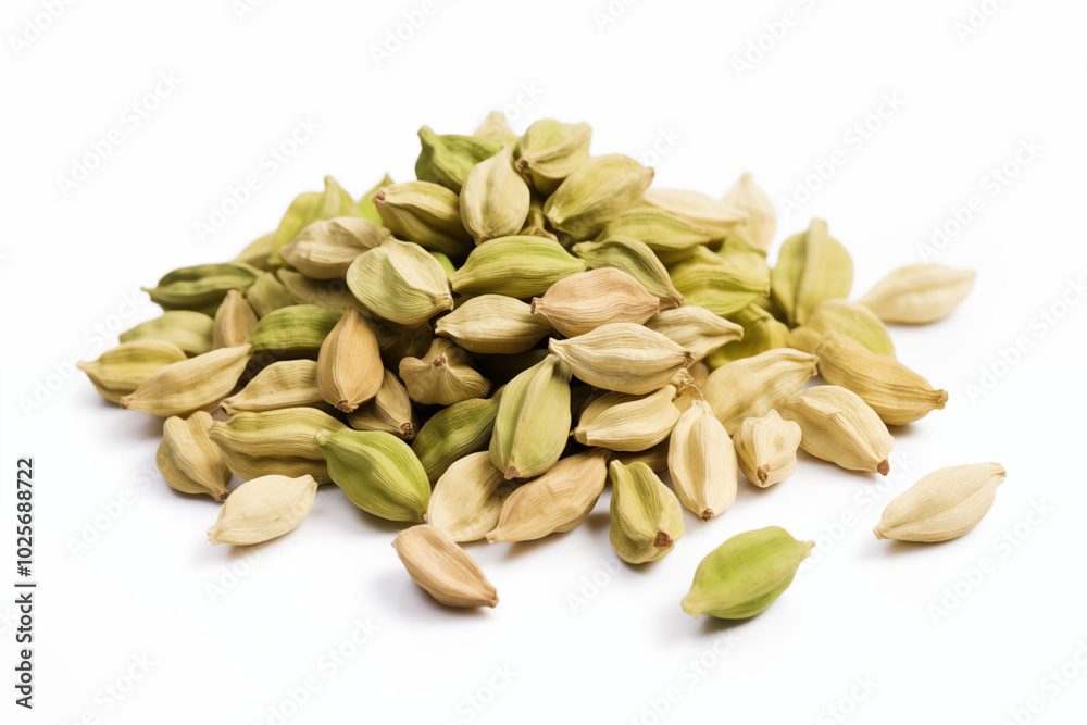 Close-up of green cardamom pods scattered across a white background, highlighting their natural texture and intricate wrinkles with soft shadows. Close-up of green cardamom pods scattered across a white background, highlighting their natural texture and intricate wrinkles with soft shadows.