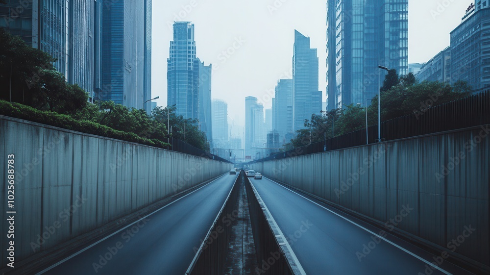 Modern cityscape with skyscrapers and empty road under a foggy sky. Modern cityscape with skyscrapers and empty road under a foggy sky.