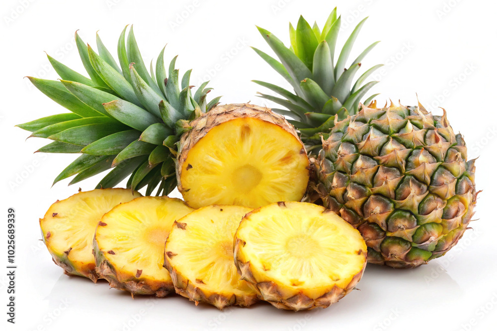 Pineapple with slices isolated on white background