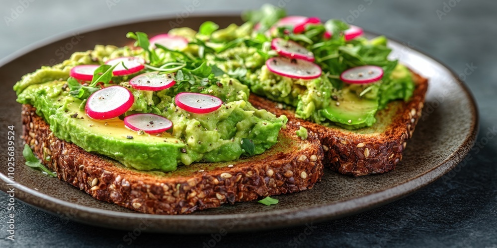 Avocado toast topped with radishes and herbs on a dark plate. Avocado toast topped with radishes and herbs on a dark plate.