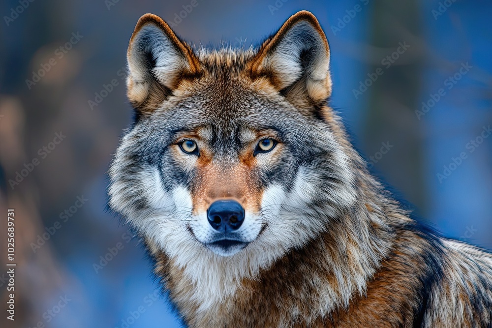 Close-up Portrait of a Wolf with a Blue Blurred Background Close-up Portrait of a Wolf with a Blue Blurred Background