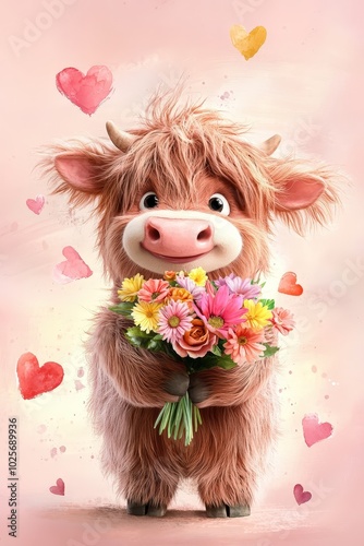 happy highland cow character holding a bouquet of colorful flowers, surrounded by floating hearts, soft pastel pink background, watercolor style, gentle and whimsical aesthetic.