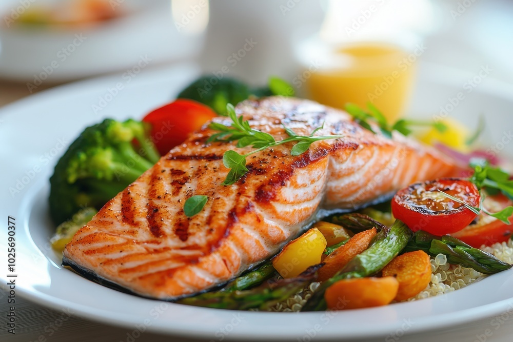 Grilled salmon fillet served with colorful vegetables on a plate.