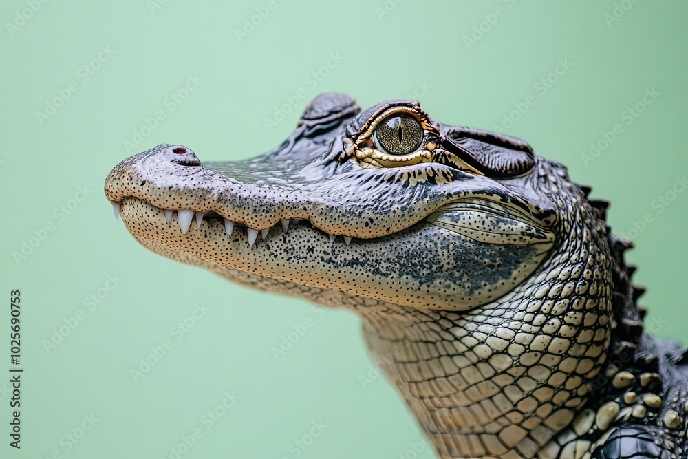 Obraz premium Close-up of an Alligator's Head with a Green Background
