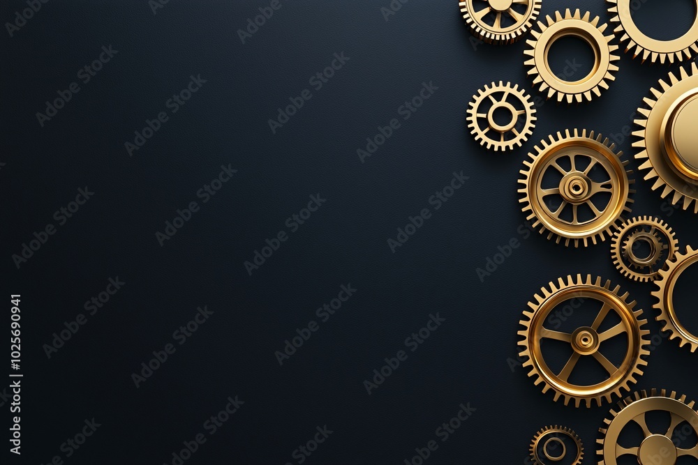 A vertical composition of interconnected golden gears, symbolizing the complex nature of time. The dark background provides ample room for copy space in the image.