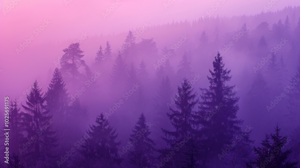 Silhouetted Pine Trees Emerging from a Purple Mist Silhouetted Pine Trees Emerging from a Purple Mist