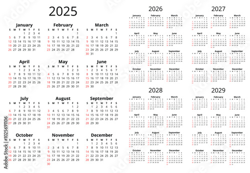 2025, 2026, 2027, 2028, 2029 years english calendars with 12 months. Simple vector illustration