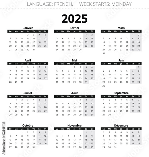 2025 french calendar - calendrier. Editable vector illustration for France. 12 months