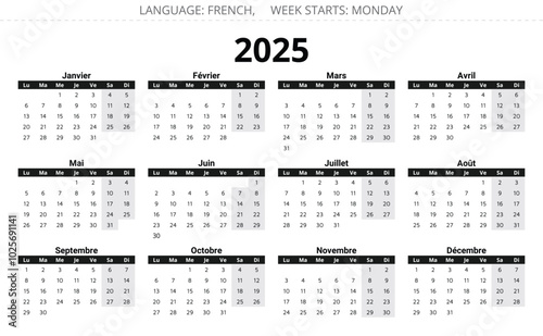 2025 french calendar - calendrier. Editable vector illustration for France. 12 months year