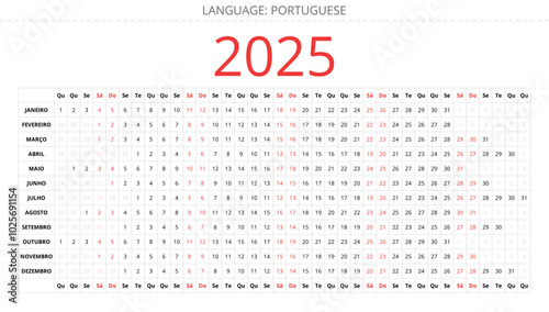 PORTUGUESE linear calendar for 2025 year. Printable template vector illustration Portugal