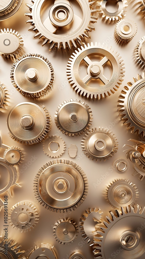 Golden Gears of Time, vertical display of intricate golden gears, layered composition, warm light, shadows play across the surfaces Golden Gears of Time, vertical display of intricate golden gears, layered composition, warm light, shadows play across the surfaces