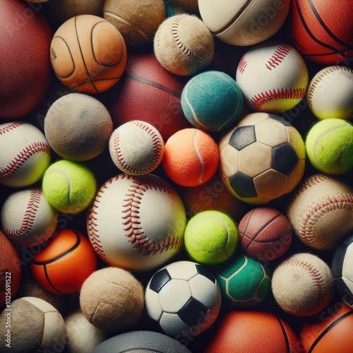 various sports balls of different shapes, sizes, and wear conditions. The pile includes well-worn baseballs with dirt and scratches photo