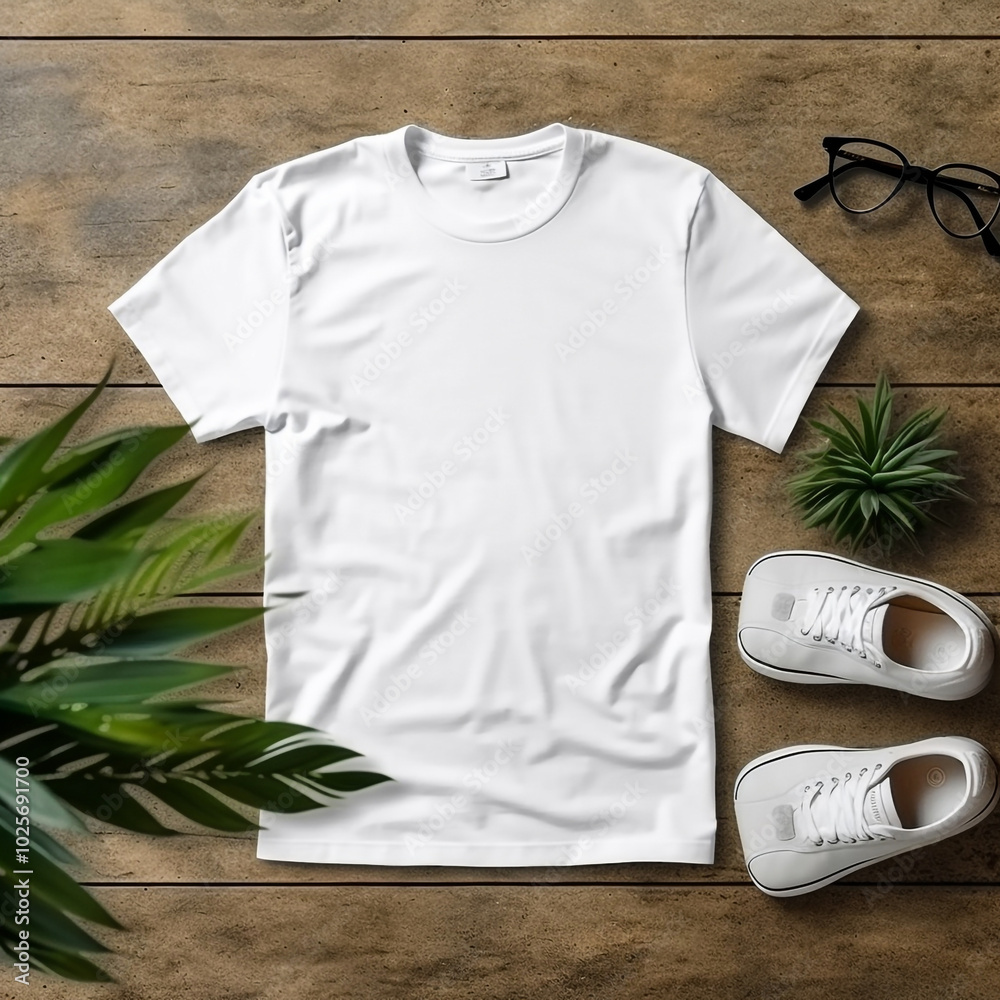 White T-Shirt Mockup with Sunglasses and Green Leaves Background White T-Shirt Mockup with Sunglasses and Green Leaves Background