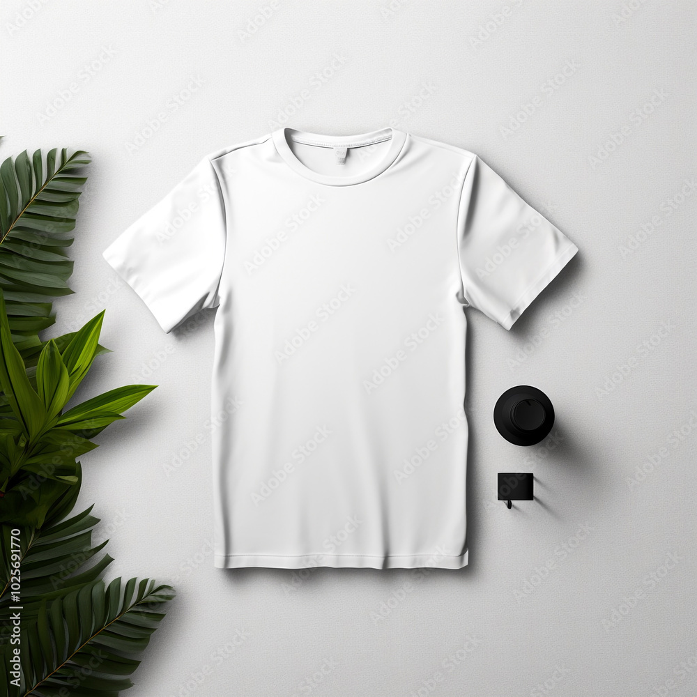 White T-Shirt Mockup with Sunglasses and Green Leaves Background White T-Shirt Mockup with Sunglasses and Green Leaves Background