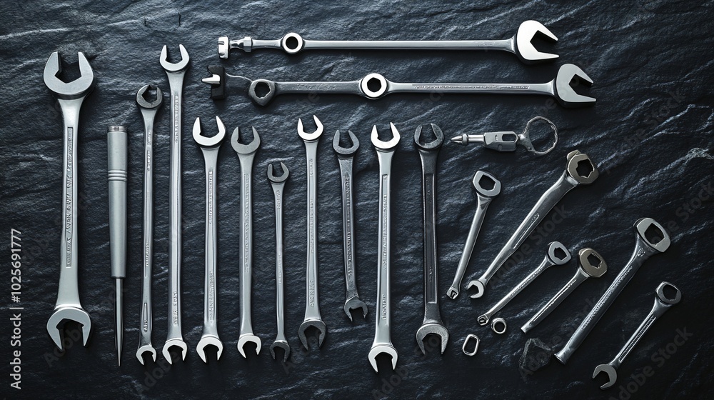 A collection of wrenches laid out on a black surface. A collection of wrenches laid out on a black surface.