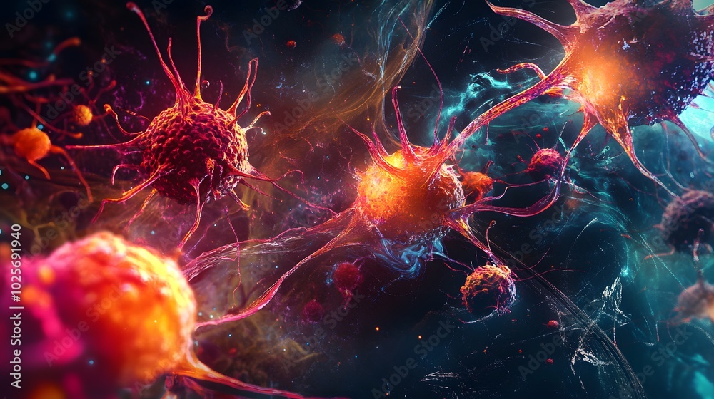 13. A dynamic illustration of cancer cells multiplying in a vibrant setting 13. A dynamic illustration of cancer cells multiplying in a vibrant setting