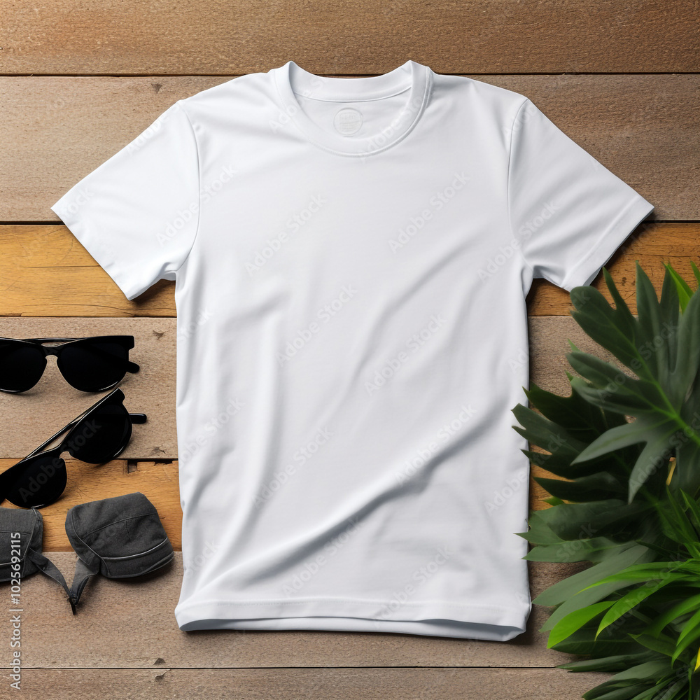 White T-Shirt Mockup with Sunglasses and Green Leaves Background White T-Shirt Mockup with Sunglasses and Green Leaves Background