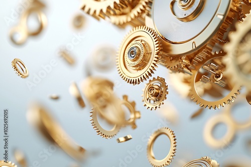 Golden Gears of Time, an exploded view of a golden clock, gears floating in mid-air, precise and detailed