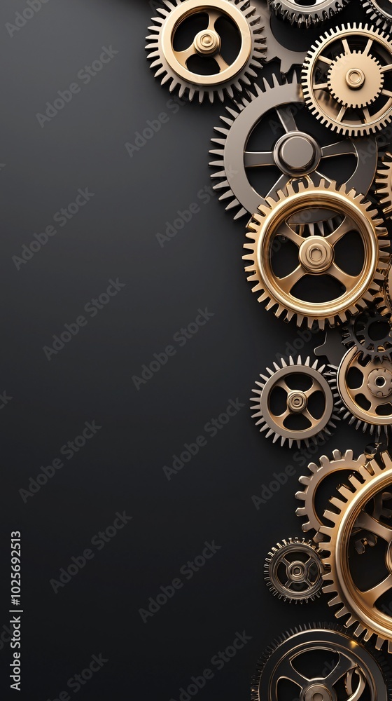 A vertical composition featuring golden gears aligned in perfect harmony, emphasizing the concept of time and mechanics. The image includes a dark gradient background with plenty of copy space for A vertical composition featuring golden gears aligned in perfect harmony, emphasizing the concept of time and mechanics. The image includes a dark gradient background with plenty of copy space for