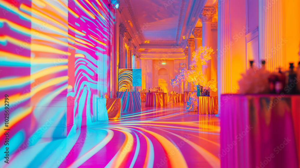 Obraz premium Colorful video mapping lights up an elegant, luxurious party room in a spectacular way 