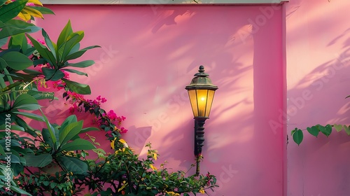 A classic metallic framed glass lamp against a pink wall vintage old fashioned lantern lamp in the outdoors garden