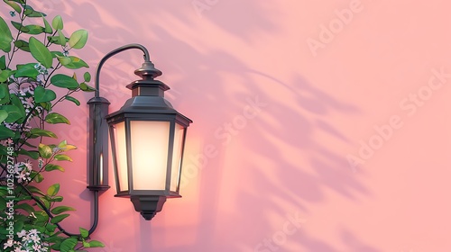 A classic metallic framed glass lamp against a pink wall vintage old fashioned lantern lamp in the outdoors garden