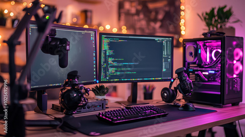 Streamer setup featuring dual monitors, a microphone, and gaming gear, creating an immersive experience for viewers watching live gameplay photo