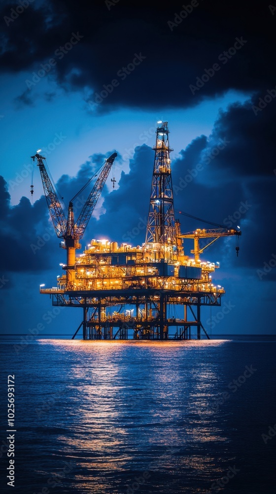 Illuminated Oil Platform in the Deep Sea at Night