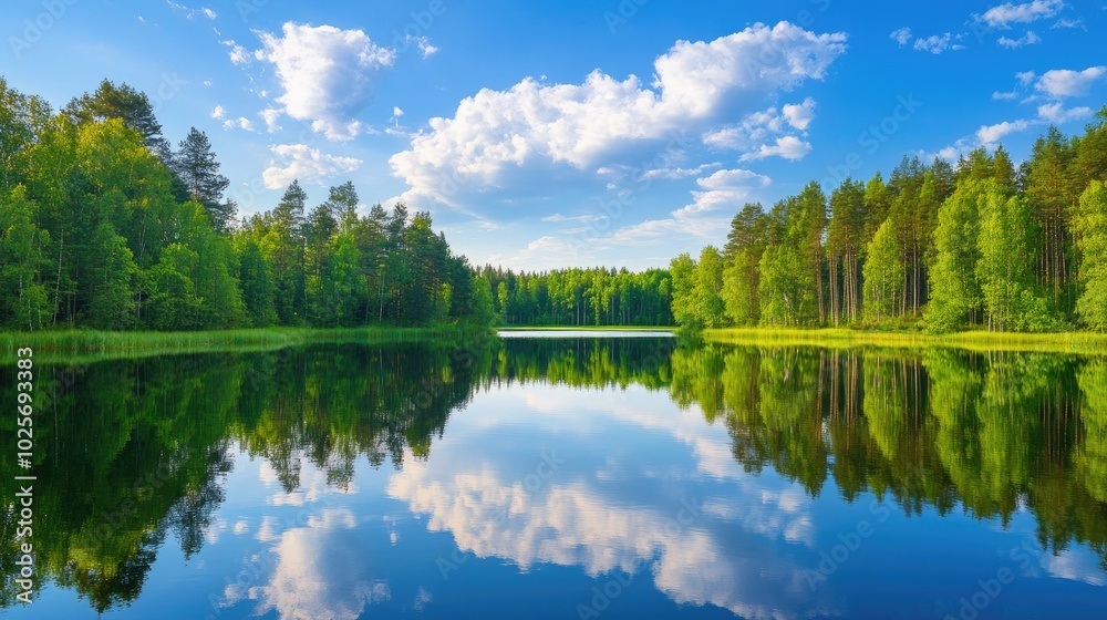 Obraz premium A peaceful lake surrounded by vibrant green trees reflects a flawless blue sky with soft, white clouds, evoking a sense of environmental serenity.