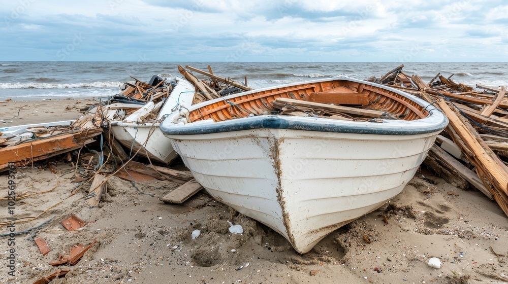 Abandoned boat on a beach surrounded by debris and ocean waves under cloudy sky.