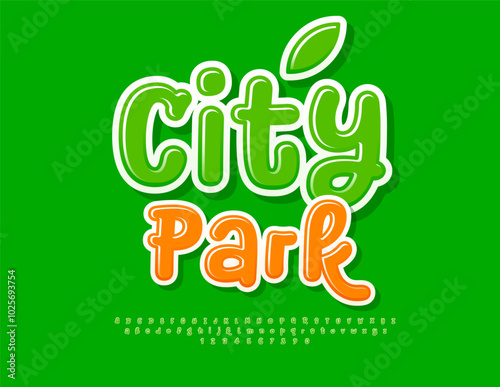 Vector fresh banner City Park Playful Glossy Font. Funny Green Alphabet Letters and Numbers set