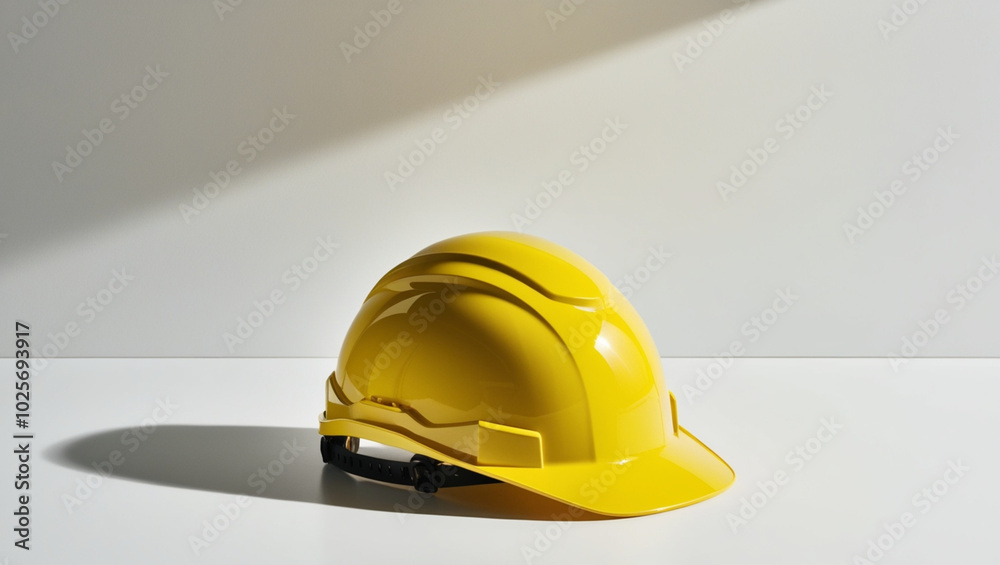 Yellow Safety Helmet On White Table And White Background. Create with Generative AI Yellow Safety Helmet On White Table And White Background. Create with Generative AI