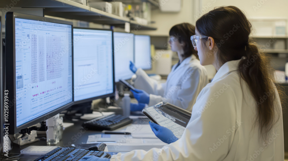 Obraz premium Researchers analyzing genetic sequences on large screens, utilizing bioinformatics tools to map and edit genomes in a sterile laboratory environment