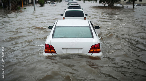 Cars submerged in floodwaters on a street, showcasing the impact of severe weather.